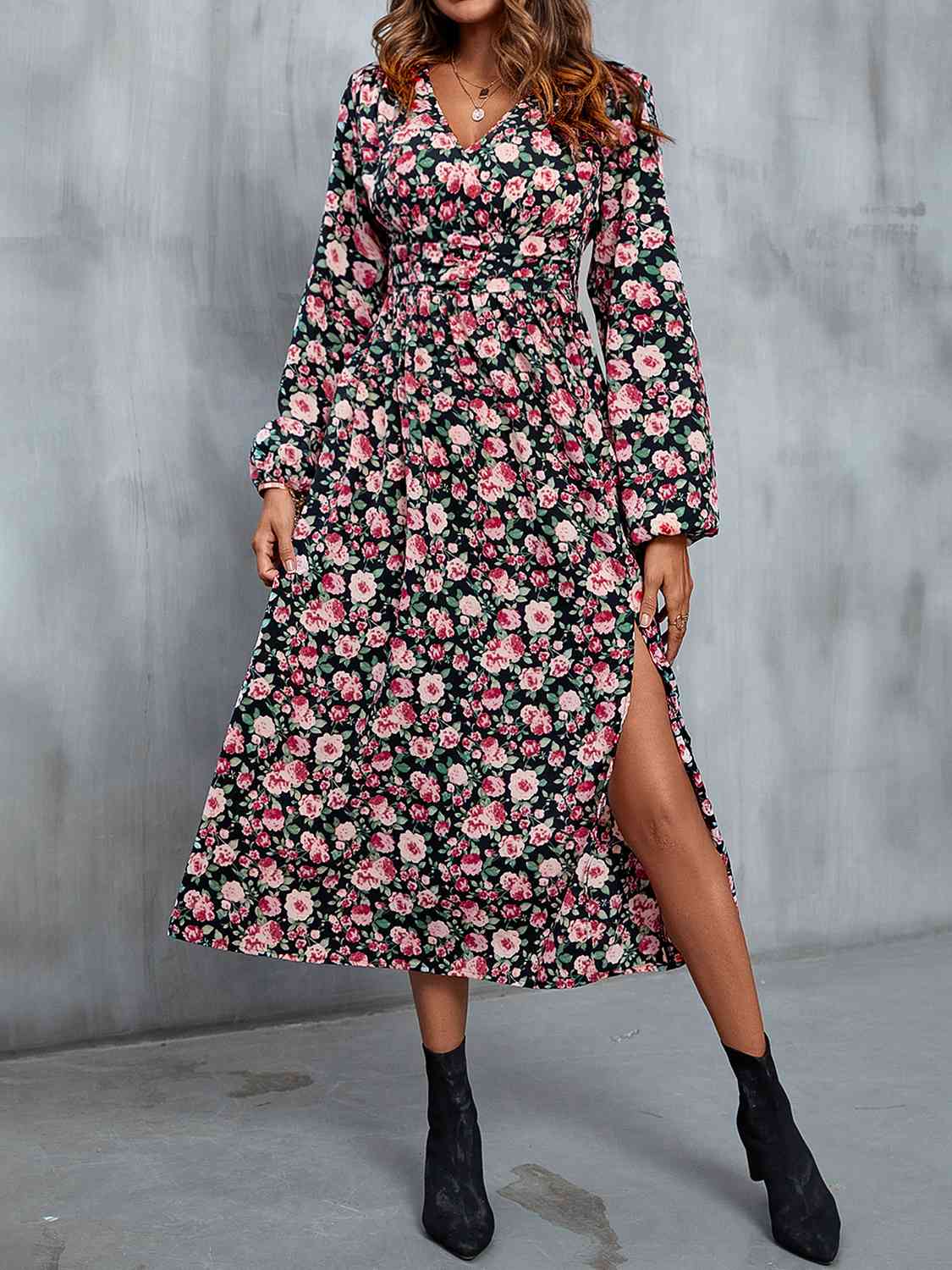 Floral V-Neck Slit Midi Dress BLUE ZONE PLANET