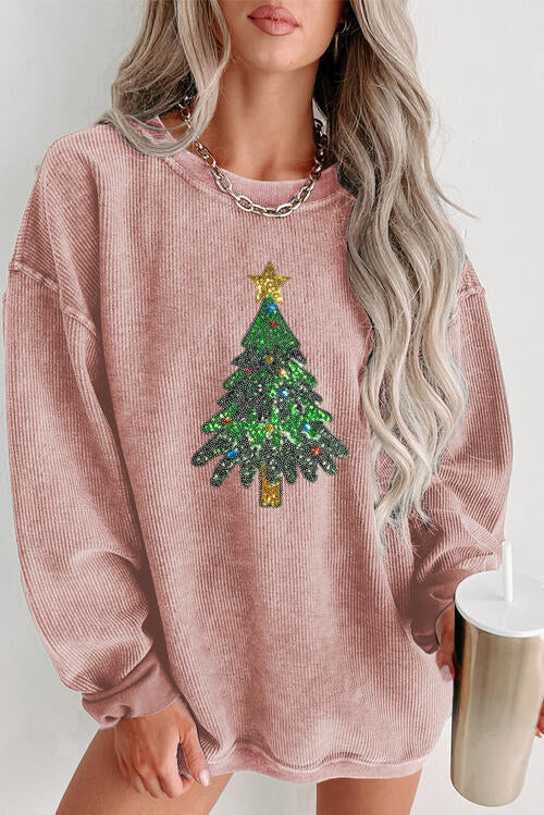 Sequin Christmas Tree Ribbed Drop Shoulder Sweatshirt-TOPS / DRESSES-[Adult]-[Female]-Dusty Pink-S-2022 Online Blue Zone Planet