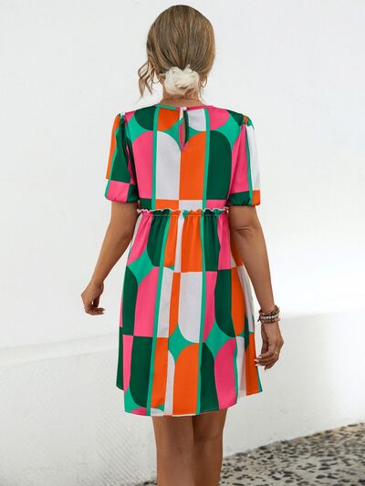 Blue Zone Planet |  Geometric Frill Round Neck Short Sleeve Dress BLUE ZONE PLANET