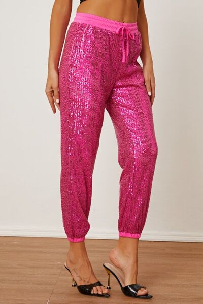 Sequin Drawstring Pants with Pockets-BOTTOM SIZES SMALL MEDIUM LARGE-[Adult]-[Female]-2022 Online Blue Zone Planet