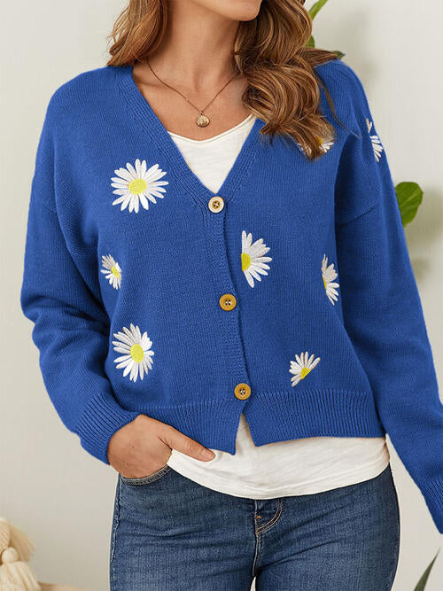 Flower Button Front Dropped Shoulder Cardigan BLUE ZONE PLANET