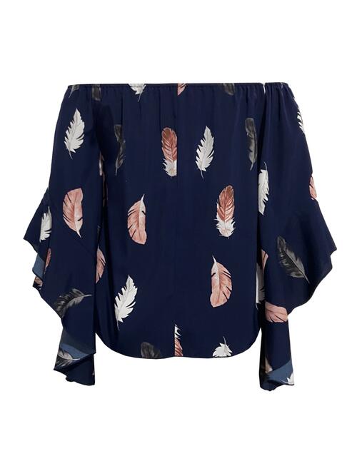 Feather Print Smocked Off-Shoulder Blouse BLUE ZONE PLANET