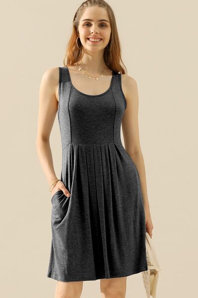 Doublju Full Size Round Neck Ruched Sleeveless Dress with Pockets BLUE ZONE PLANET