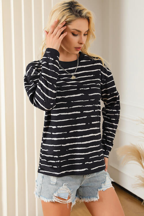 Striped Round Neck Long Sleeve T-Shirt BLUE ZONE PLANET