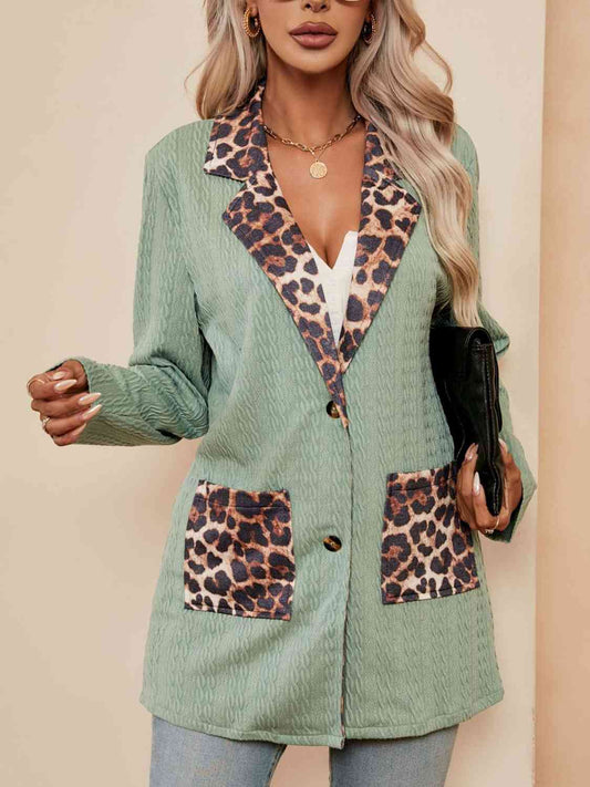 Leopard Buttoned Lapel Collar Blazer with Pockets BLUE ZONE PLANET