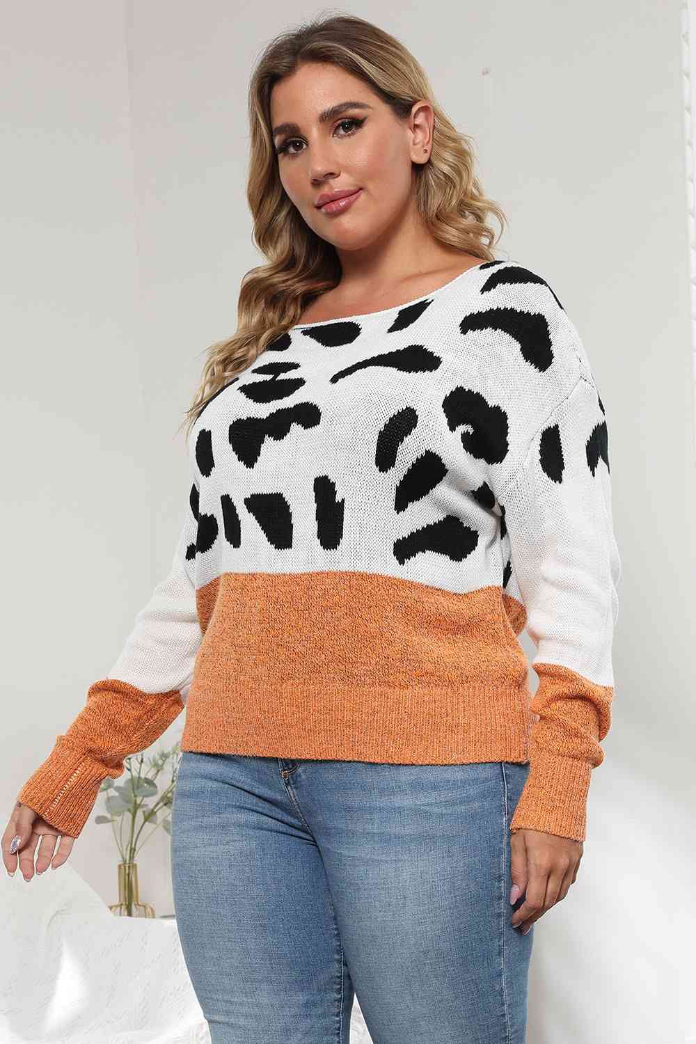 Plus Size Leopard Round Neck Long Sleeve Sweater BLUE ZONE PLANET