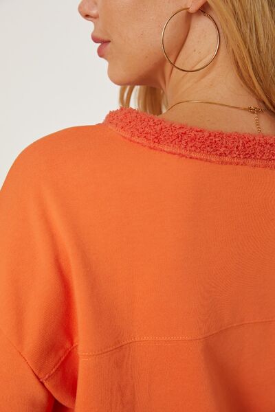 Slit Round Neck Dropped Shoulder Sweatshirt Trendsi