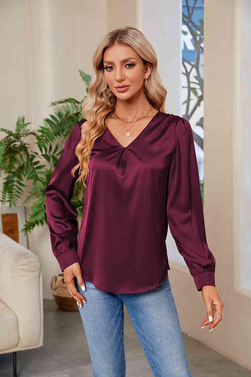 V-Neck Long Sleeve Top BLUE ZONE PLANET