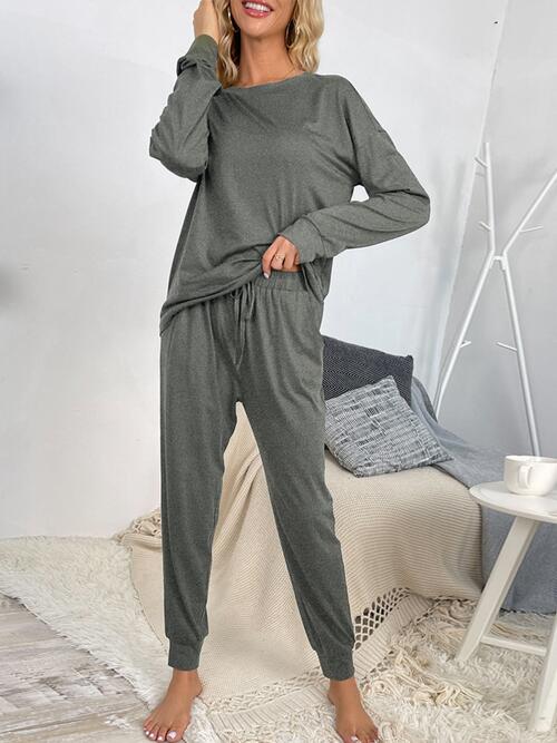 Round Neck Top and Drawstring Pants Lounge Set BLUE ZONE PLANET