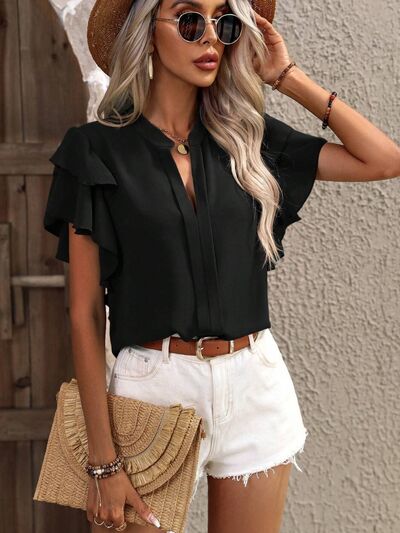 Ruffled Notched Short Sleeve Blouse Trendsi