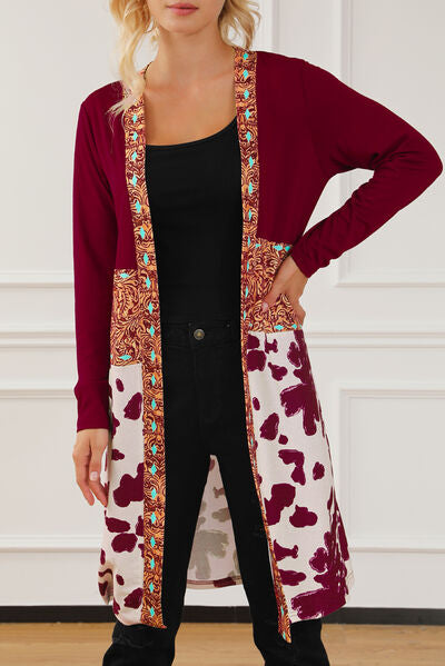 Printed Long Sleeve Open Front Outerwear-TOPS / DRESSES-[Adult]-[Female]-Wine-S-2022 Online Blue Zone Planet