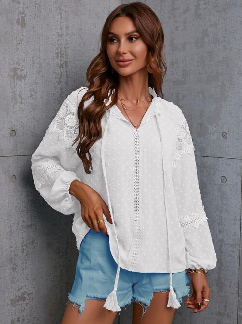 Crochet Tassel Tie Neck Long Sleeve Blouse BLUE ZONE PLANET