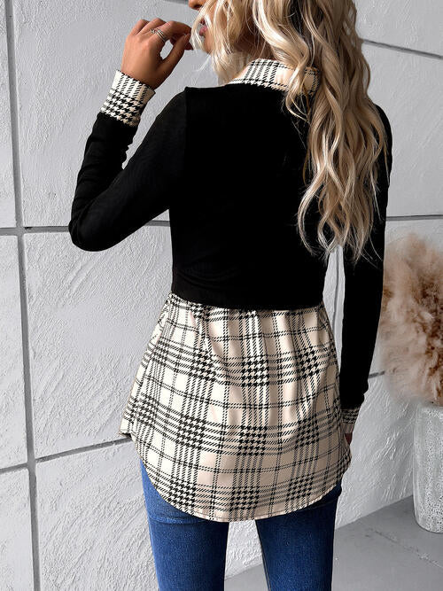 Houndstooth Collared Neck Long Sleeve Shirt BLUE ZONE PLANET
