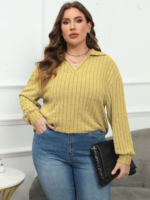 Plus Size Ribbed Collared Neck Long Sleeve Blouse BLUE ZONE PLANET