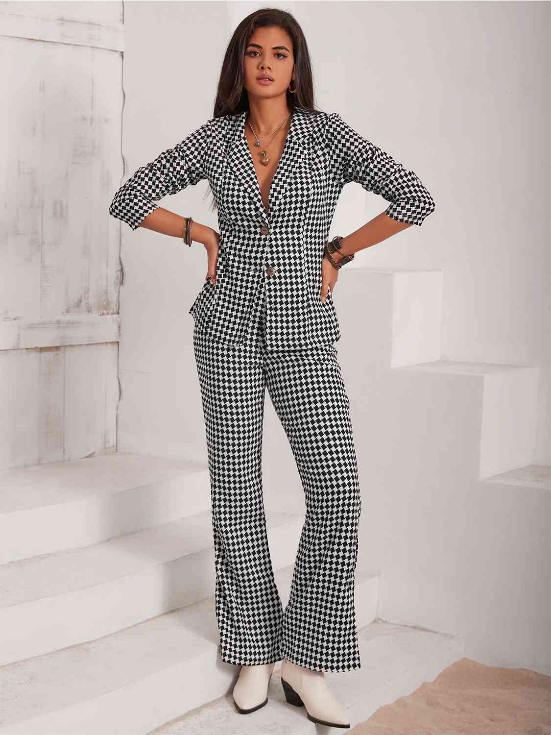 Checkered Blazer & Slit Pants Set BLUE ZONE PLANET