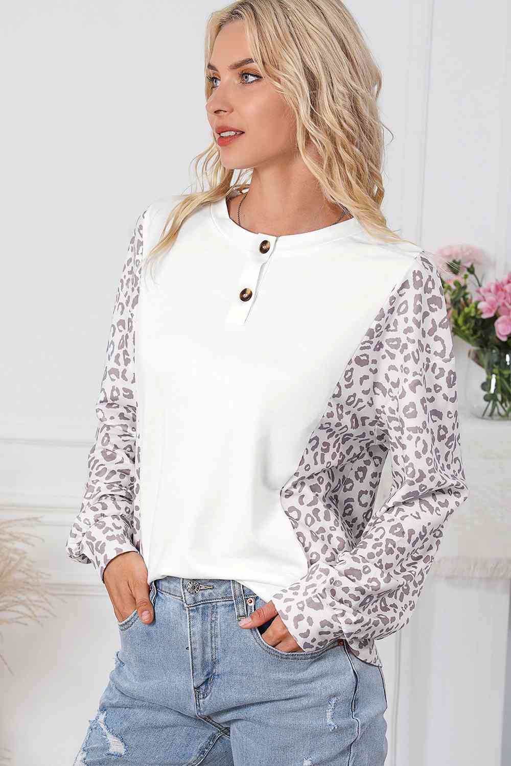 Leopard Round Neck Long Sleeve Top BLUE ZONE PLANET