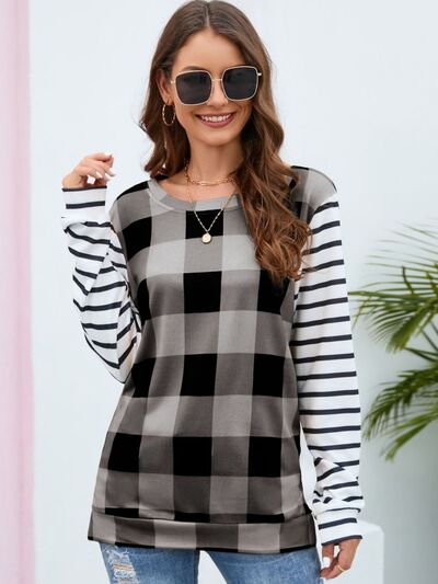 Plaid Striped Round Neck Long Sleeve T-Shirt-TOPS / DRESSES-[Adult]-[Female]-2022 Online Blue Zone Planet