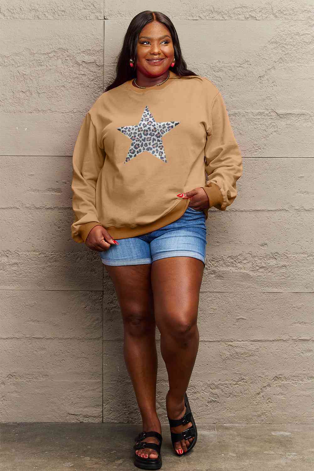 Simply Love Full Size Leopard Star Graphic Sweatshirt BLUE ZONE PLANET