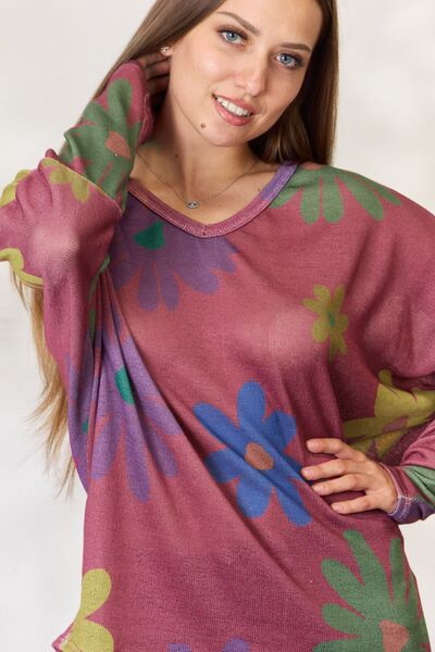 Hopely Full Size Floral V-Neck Long Sleeve Top BLUE ZONE PLANET