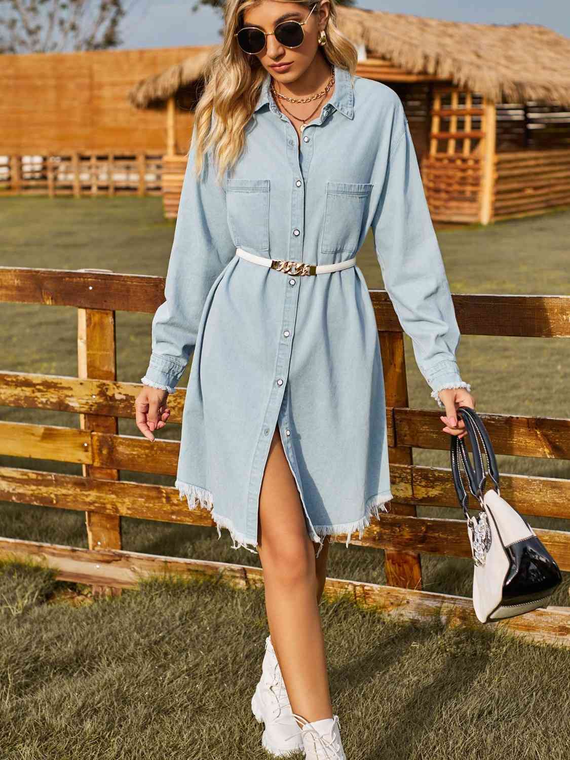 Button Up Collared Neck Raw Hem Denim Dress BLUE ZONE PLANET