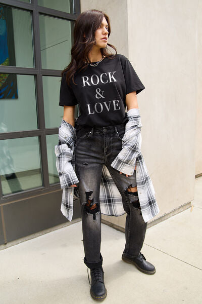 Simply Love Full Size ROCK ＆ LOVE Short Sleeve T-Shirt-TOPS / DRESSES-[Adult]-[Female]-2022 Online Blue Zone Planet
