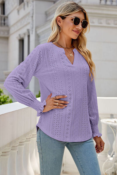 Eyelet Notched Lantern Sleeve T-Shirt Trendsi