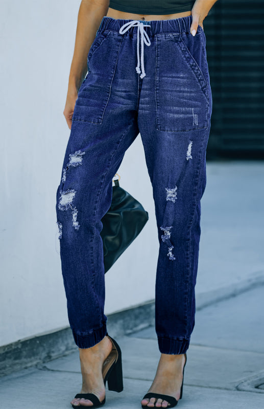 Blue Zone Planet | Relaxed fit Distressed Drawstring Pocketed Joggers Ripped Distressed Jeans-BOTTOM SIZES SMALL MEDIUM LARGE-[Adult]-[Female]-2022 Online Blue Zone Planet
