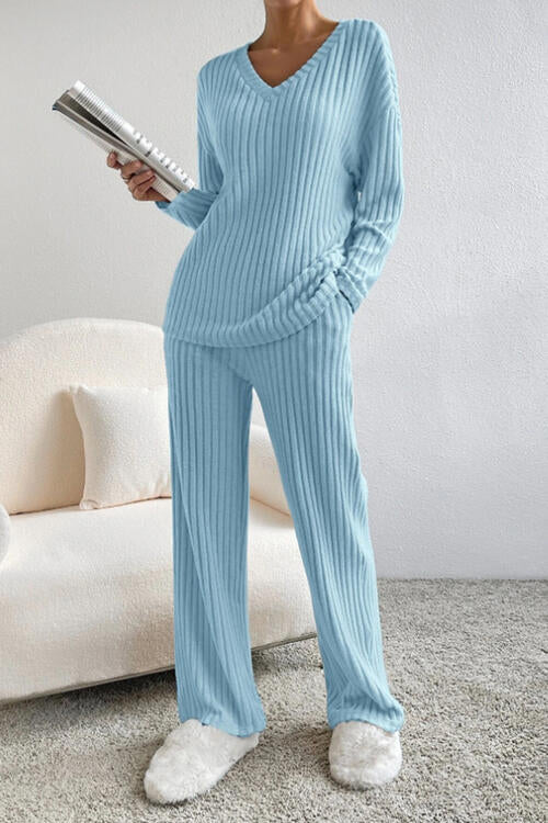 Ribbed V-Neck Top and Pants Set BLUE ZONE PLANET