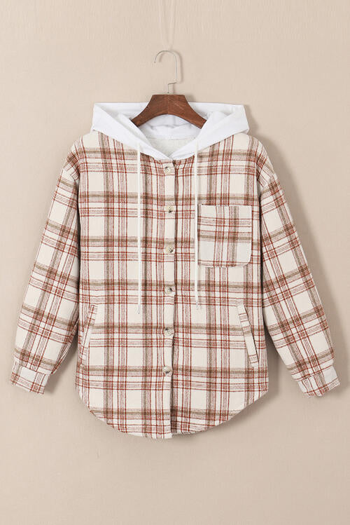 Plaid Drawstring Button Up Long Sleeve Hooded Jacket BLUE ZONE PLANET