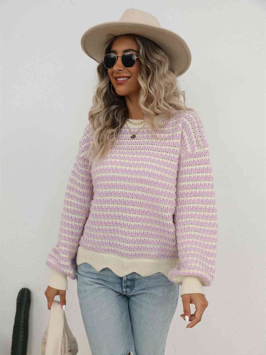 Striped Buttoned Round Neck Sweater BLUE ZONE PLANET