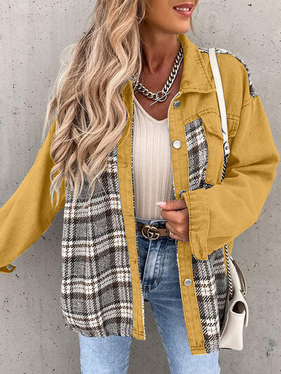 Plaid Button Up Dropped Shoulder Jacket BLUE ZONE PLANET