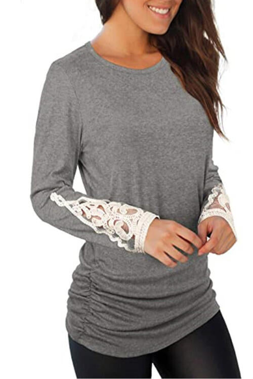 Lace Detail Long Sleeve Round Neck T-Shirt BLUE ZONE PLANET