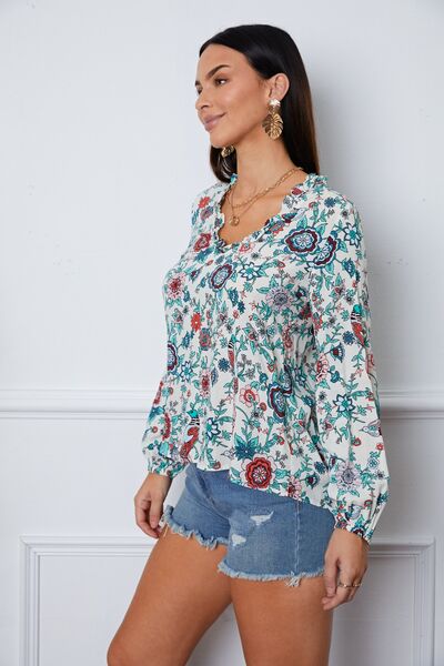 Floral Notched Long Sleeve Blouse BLUE ZONE PLANET