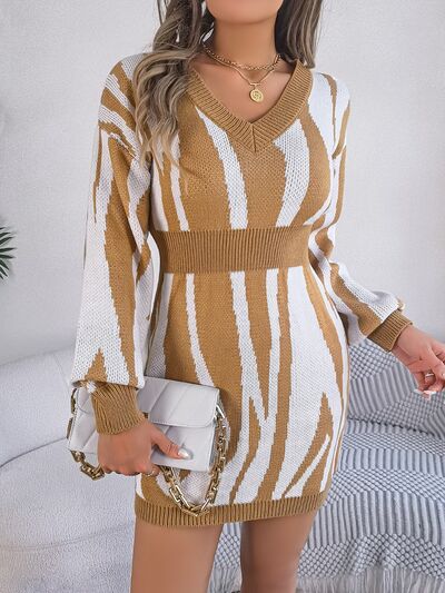 Animal Print V-Neck Long Sleeve Sweater Dress BLUE ZONE PLANET