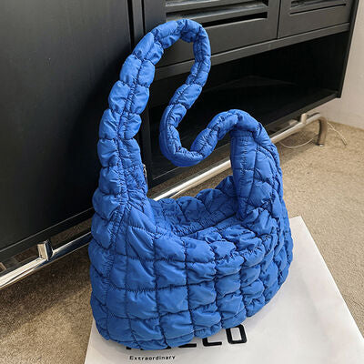 Quilted Pleated Plaid Shoulder Bag with Zipper BLUE ZONE PLANET