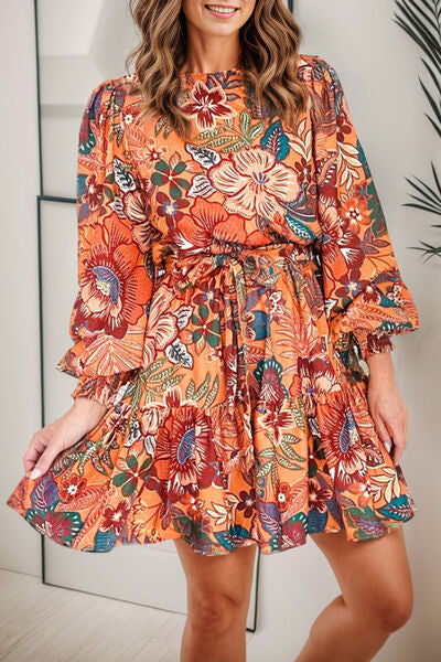 Tropical Print Tie Waist Lantern Sleeve Mini Dress BLUE ZONE PLANET