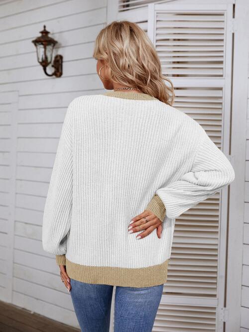 Decorative Button Round Neck Sweater BLUE ZONE PLANET