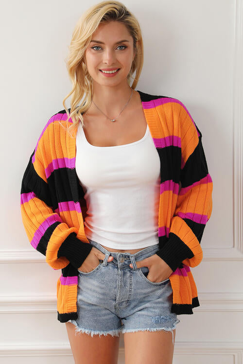 Ribbed Striped Open Front Long Sleeve Cardigan BLUE ZONE PLANET