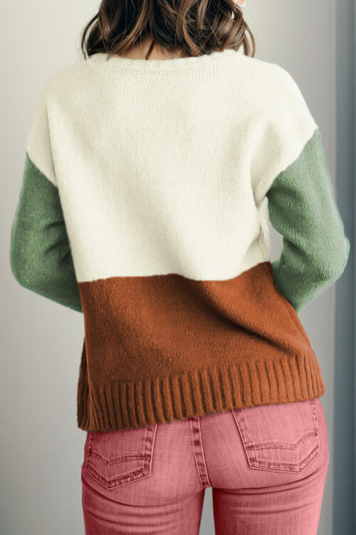 Color Block Round Neck Long Sleeve Sweater BLUE ZONE PLANET