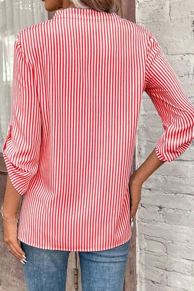 Striped Notched Roll-Tab Sleeve Shirt BLUE ZONE PLANET