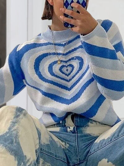 Blue Zone Planet |  Heart Mock Neck Long Sleeve Sweater BLUE ZONE PLANET