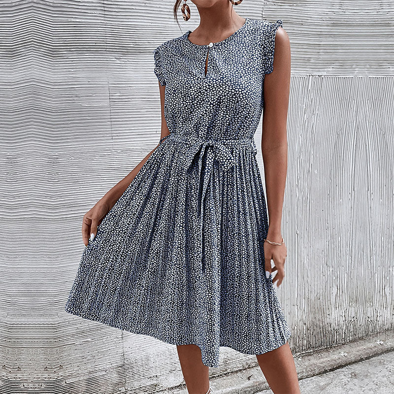 Blue Zone Planet |  Casual Dress Lace-Up Pleated Green Floral Dress BLUE ZONE PLANET