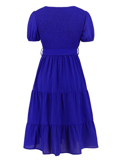 Blue Zone Planet |  Smocked Tie Front Short Sleeve Tiered Dress BLUE ZONE PLANET