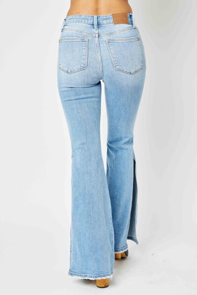 Blue Zone Planet |  Judy Blue Full Size Mid Rise Raw Hem Slit Flare Jeans BLUE ZONE PLANET