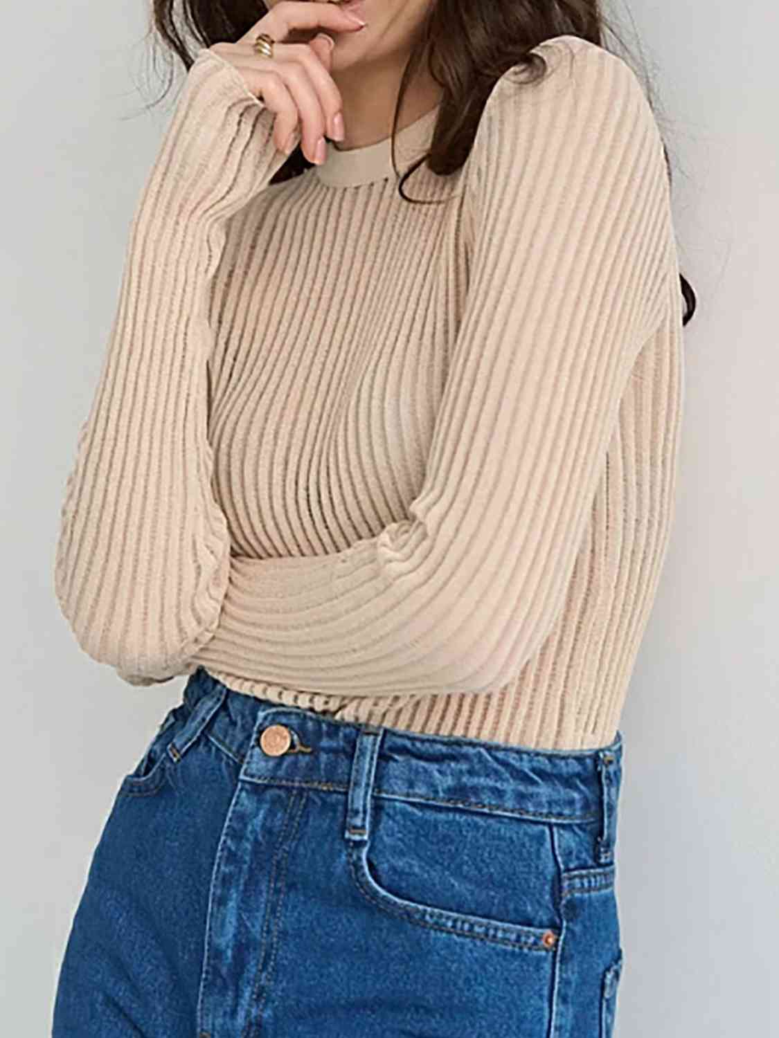 Round Neck Ribbed Knit Top BLUE ZONE PLANET