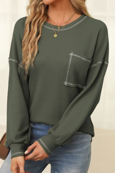 Contrast Stitching Waffle-Knit Round Neck Blouse Trendsi