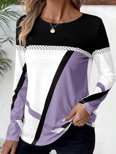 Contrast Round Neck Long Sleeve T-Shirt Trendsi