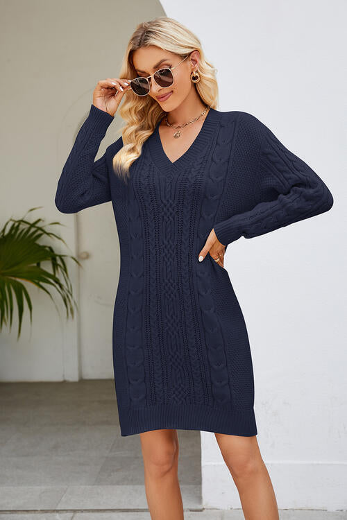 Cable-Knit Long Sleeve Sweater Dress BLUE ZONE PLANET