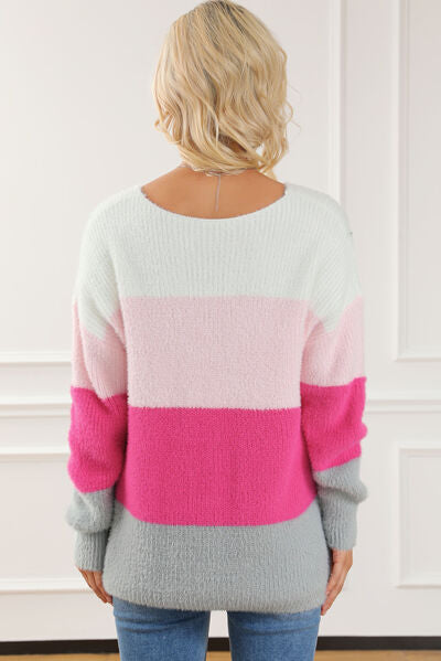 Blue Zone Planet |  Color Block V-Neck Dropped Shoulder Sweater BLUE ZONE PLANET