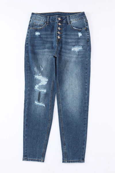 Blue Zone Planet |  Button-Fly Distressed Jeans with Pockets BLUE ZONE PLANET